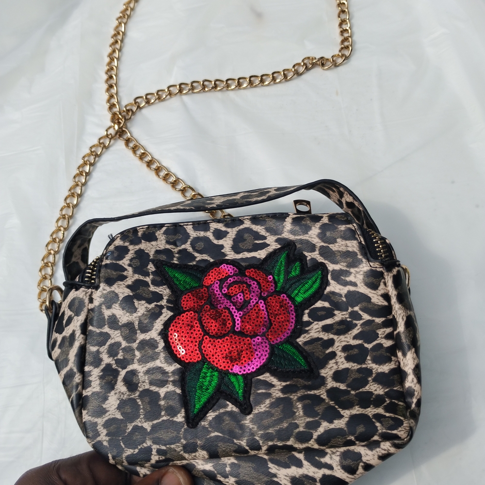 Leopard Print Crossbody Bag with Rose Patch